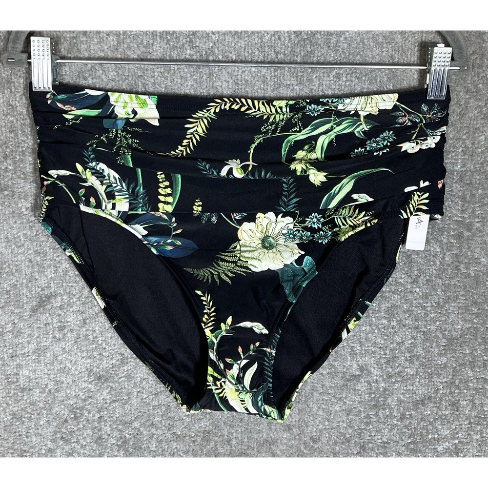 Soma Swim Ruched High Waist Bikini Bottom Womens Size M Black Tropical Twist New